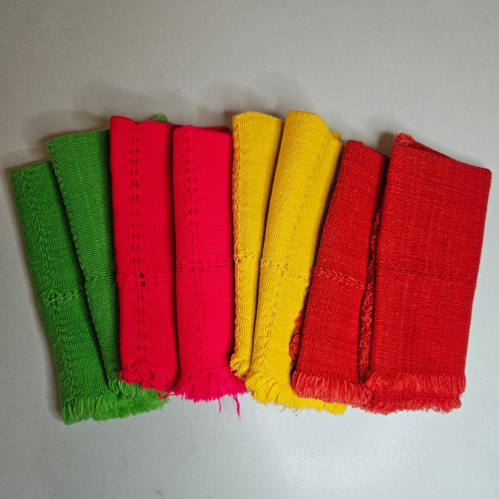 Vintage Colorful Fringed Cloth Napkins Set of 8 Boho Hand Loomed Style 13.5 Inch